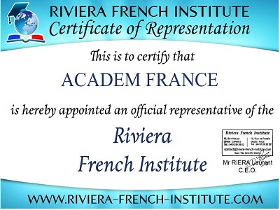 сертификат школы Riviera French Institute